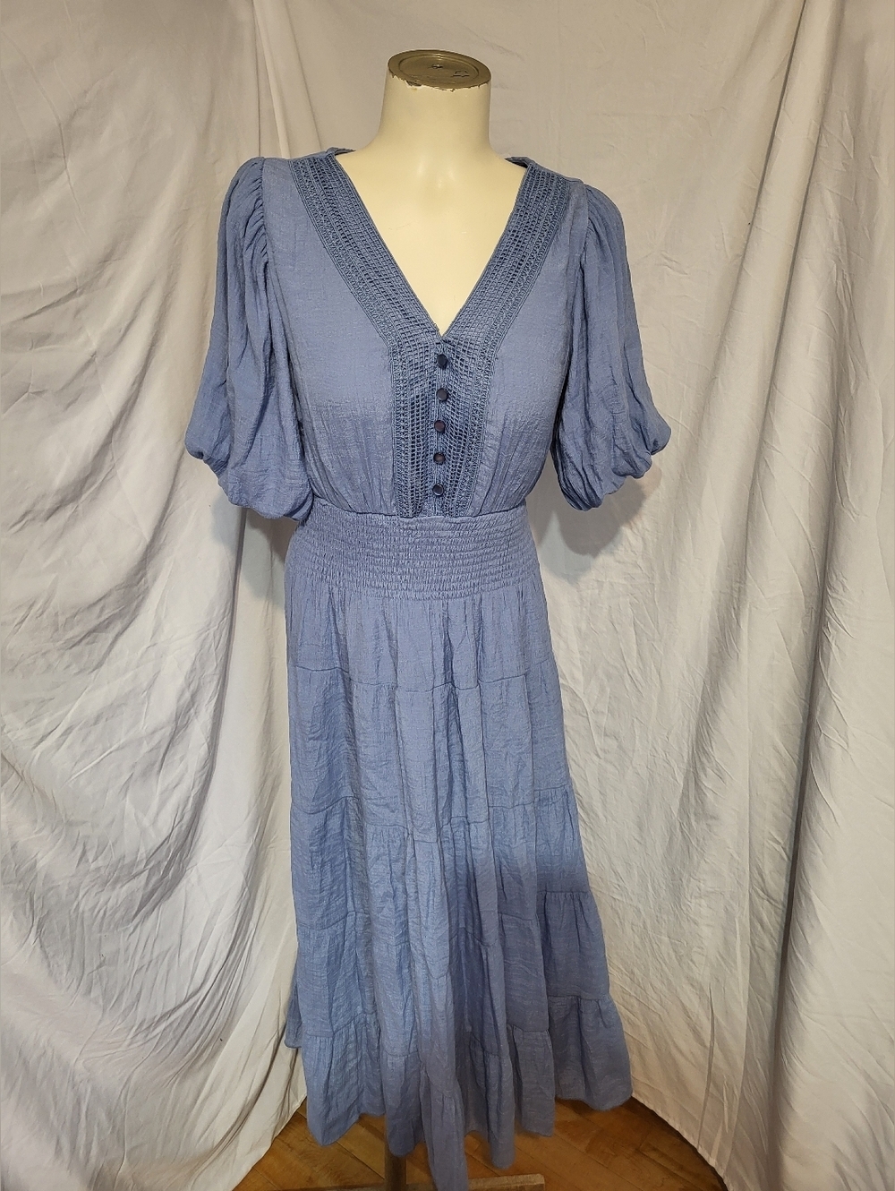 Kings Road Blue V-Neck Puff Sleeve Maxi Dress with Smocked Waist, Size Large